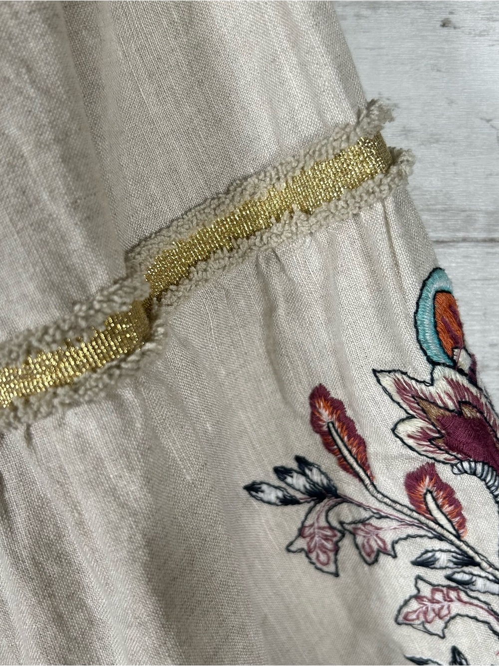 Chico’s 100% Linen Embroidered Boho Blouse Oatmeal Metallic Trim 3.5 XL - Picture 5 of 9